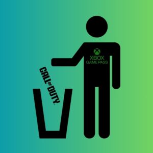 turkusowo-zielonego gradientu. Przedstawia czarną sylwetkę postaci z logo „XBOX GAME PASS” na piersi, która wrzuca logotyp „CALL OF DUTY” do czarnego obrysu kosza na śmieci. Pochylone logo gry sugeruje ruch spadania. Grafika ma charakter symboliczny i satyryczny – jednoznacznie sugeruje usunięcie Call of Duty z Game Pass.