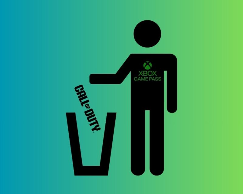 turkusowo-zielonego gradientu. Przedstawia czarną sylwetkę postaci z logo „XBOX GAME PASS” na piersi, która wrzuca logotyp „CALL OF DUTY” do czarnego obrysu kosza na śmieci. Pochylone logo gry sugeruje ruch spadania. Grafika ma charakter symboliczny i satyryczny – jednoznacznie sugeruje usunięcie Call of Duty z Game Pass.