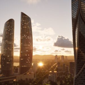 Zrzut ekranu z gry City Masterplan przedstawiający nowoczesne centrum miasta o zachodzie słońca – na pierwszym planie dominują trzy wysokie, przeszklone wieżowce o zaokrąglonych i skręconych formach, a w tle widoczne są niższe budynki, zieleń miejska oraz odbijające światło słońca zbiorniki wodne.