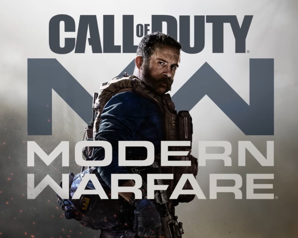 Oficjalna grafika promocyjna gry Call of Duty: Modern Warfare. Na pierwszym planie widoczny jest Captain Price – brodaty mężczyzna w pełnym rynsztunku taktycznym, patrzący przez ramię na widza. W tle znajduje się duży napis „MW” oraz pełny tytuł gry, a całość utrzymana jest w surowej, wojennej stylistyce z efektami pyłu i iskier.
