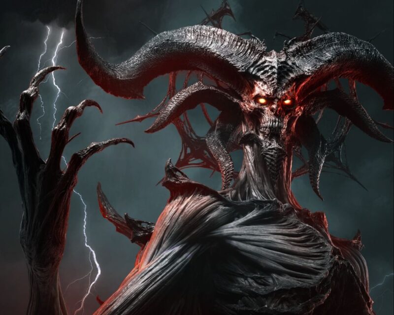 Diablo 4: Lord of Hatred - przerażający demon z potężnymi rogami i świecącymi czerwonymi oczami. Zdjęcie zachowane jest w mrocznym klimacie fantasy. W tle pojawiają się pioruny.