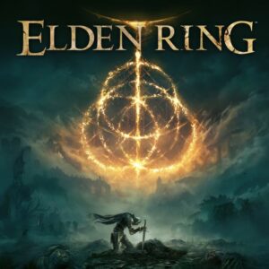 Ilustracja promująca grę Elden Ring utrzymana w ponurym, fantasycznym klimacie. W centrum znajduje się samotna postać pochylona nad mieczem wbitym w ziemię, stojąca pośród ruin i martwego krajobrazu. Całość spowija zielonkawa mgła, a nad sceną góruje jasny, złocisty symbol przypominający rozbity pierścień, Nad rozbitym pierścieniem znajduje się duży napis Elden Ring.