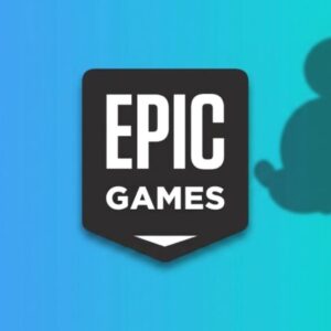 Zrzut przedstawia logo Epic Games na tle gradientu w odcieniach niebieskiego i turkusu; po prawej stronie widoczny jest cień sylwetki Myszki Miki, nawiązujący do współpracy z Disneyem.