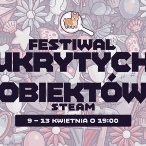 Grafika promująca wydarzenie „Festiwal Ukrytych Obiektów” na platformie Steam. Na środku widnieje duży, stylizowany napis z nazwą festiwalu oraz informacją o dacie: od 9 do 13 kwietnia o godzinie 19:00. W tle znajduje się pastelowy wzór z ilustracjami przedmiotów i kwiatów w stylu doodle, a nad napisem umieszczono małą ikonę psa rasy corgi w lupie, nawiązującą do motywu wyszukiwania ukrytych obiektów.