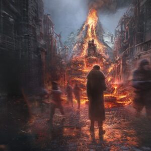 Postapokaliptyczna scena miasta zniszczonego przez katastrofę wulkaniczną lub wybuch. Na środku ulicy stoi samotna postać w długim płaszczu, odwrócona plecami do obserwatora i patrząca w stronę ogromnej góry ognia i lawy wznoszącej się pomiędzy zrujnowanymi budynkami. Wokół niej w pośpiechu przemieszczają się rozmazane sylwetki ludzi, sugerujące chaos i ucieczkę. Ulica jest zalana rozżarzoną lawą, a powietrze wypełniają dym, iskry i czerwono-pomarańczowa poświata ognia, tworząc dramatyczny, mroczny klimat katastrofy.