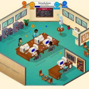 Ilustracja przedstawia izometryczne wnętrze biura studia deweloperskiego gier komputerowych o nazwie „Greenheart Games”. W pomieszczeniu pracuje kilku pracowników siedzących przy długich biurkach z komputerami. Na ekranie u góry widoczny jest interfejs gry „Simolition” z elementami zarządzania produkcją, takimi jak design, technologia, research i bugi. Biuro jest podzielone na kilka stref, w tym część roboczą z komputerami, małą kuchnię z dystrybutorem wody oraz część socjalną ze stołem i krzesłami. Na ścianach znajdują się okna, tablica z notatkami oraz plakaty science fiction. W tle widać regały z dokumentami i rośliny doniczkowe. Scena przedstawia zarządzanie studiem gier w stylu symulacyjnym, gdzie gracze kontrolują rozwój projektu, pracowników i zasoby firmy.