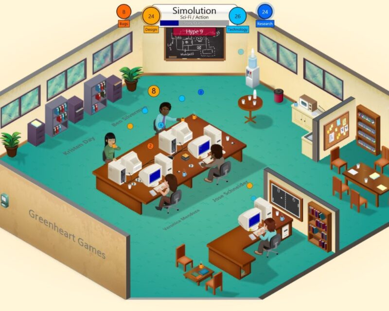 Ilustracja przedstawia izometryczne wnętrze biura studia deweloperskiego gier komputerowych o nazwie „Greenheart Games”. W pomieszczeniu pracuje kilku pracowników siedzących przy długich biurkach z komputerami. Na ekranie u góry widoczny jest interfejs gry „Simolition” z elementami zarządzania produkcją, takimi jak design, technologia, research i bugi. Biuro jest podzielone na kilka stref, w tym część roboczą z komputerami, małą kuchnię z dystrybutorem wody oraz część socjalną ze stołem i krzesłami. Na ścianach znajdują się okna, tablica z notatkami oraz plakaty science fiction. W tle widać regały z dokumentami i rośliny doniczkowe. Scena przedstawia zarządzanie studiem gier w stylu symulacyjnym, gdzie gracze kontrolują rozwój projektu, pracowników i zasoby firmy.