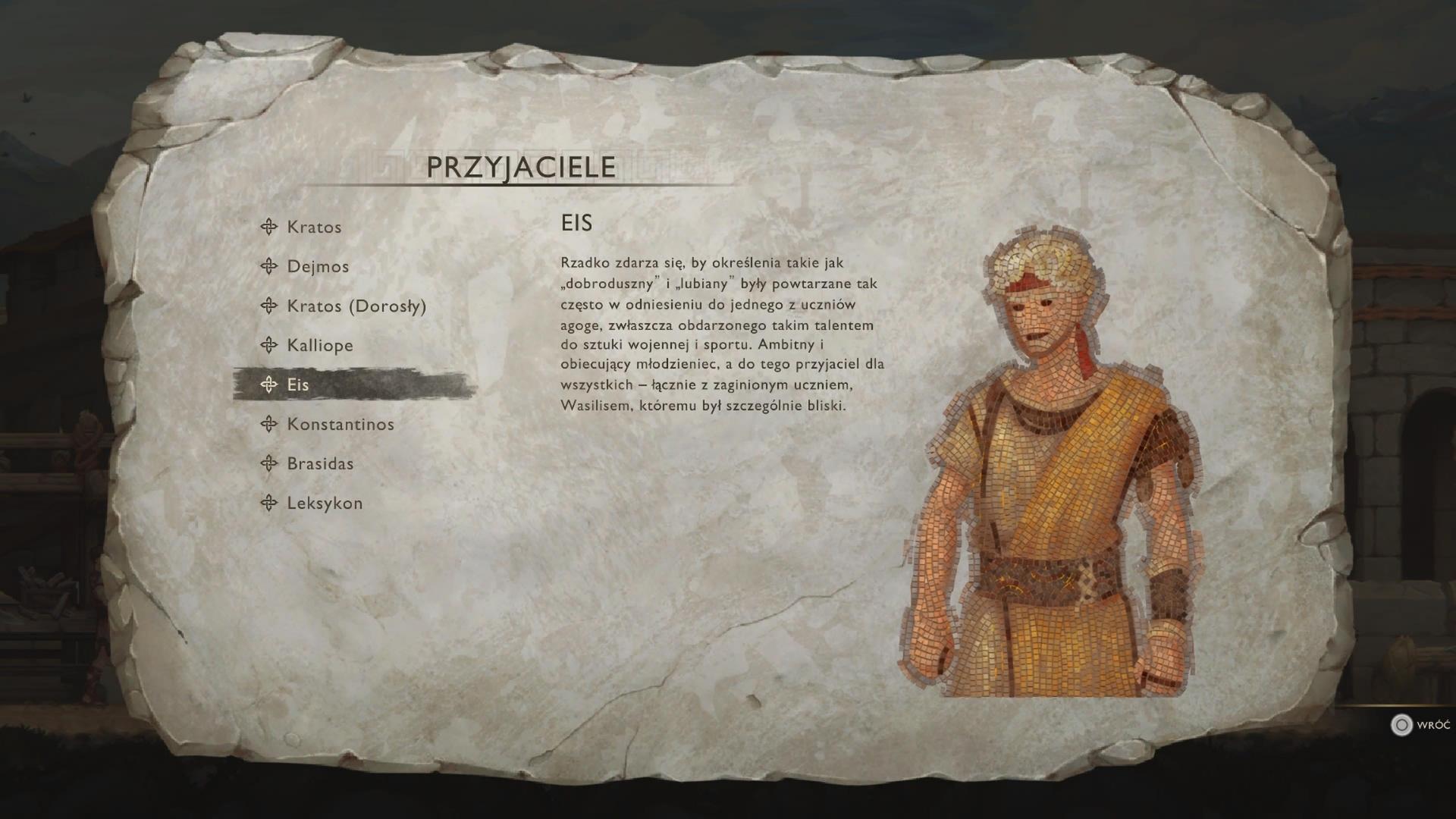 Menu encyklopedii w God of War Sons of Sparta z listą postaci i opisem Eis w zakładce „Przyjaciele”, przedstawione na tle stylizowanego pergaminu.