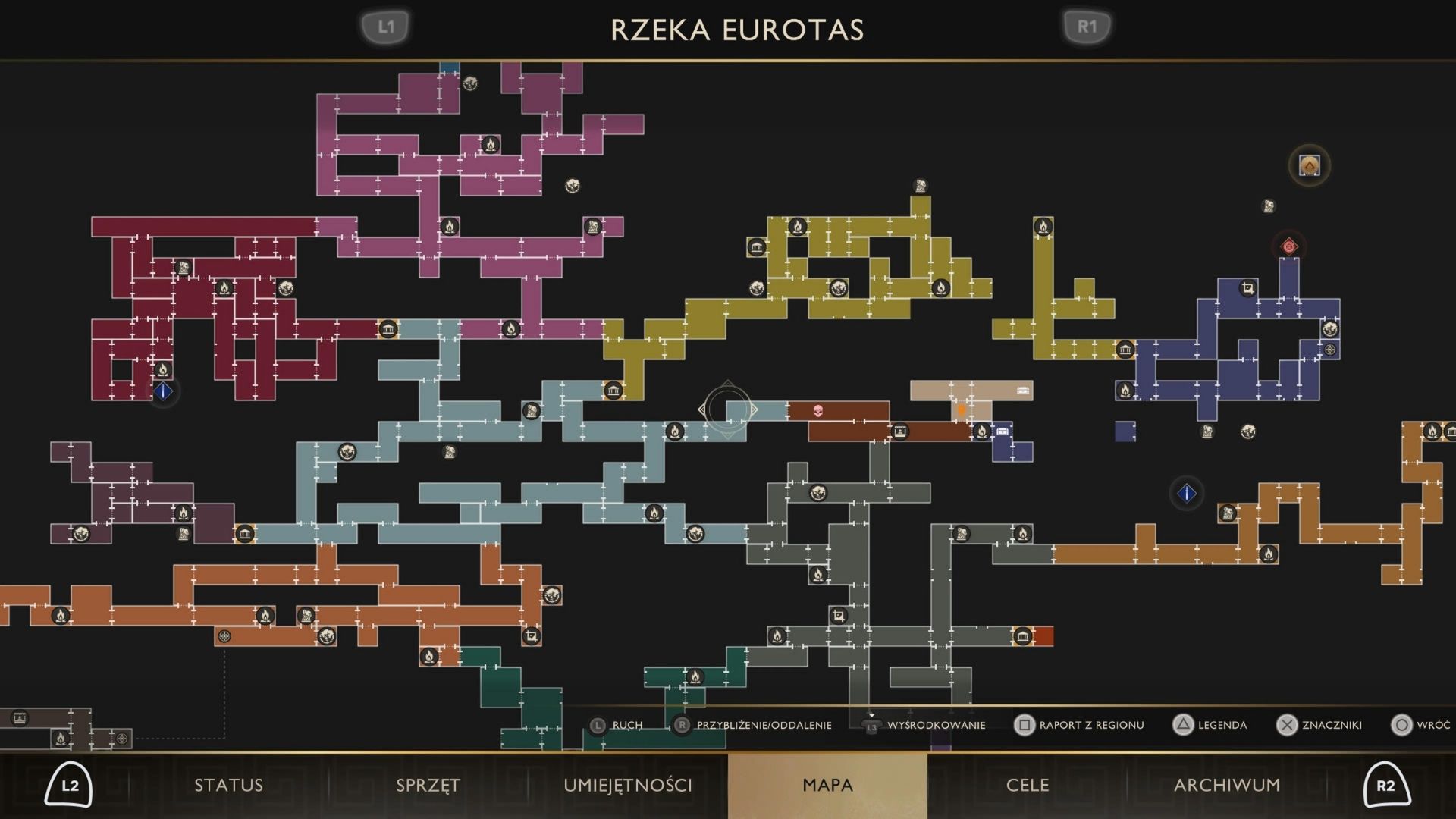 Mapa eksploracji z God of War Sons of Sparta pokazująca region Rzeki Eurotas, z rozbudowaną siecią połączonych lokacji w stylu metroidvanii, oznaczonych różnymi kolorami oraz ikonami punktów i przejść.