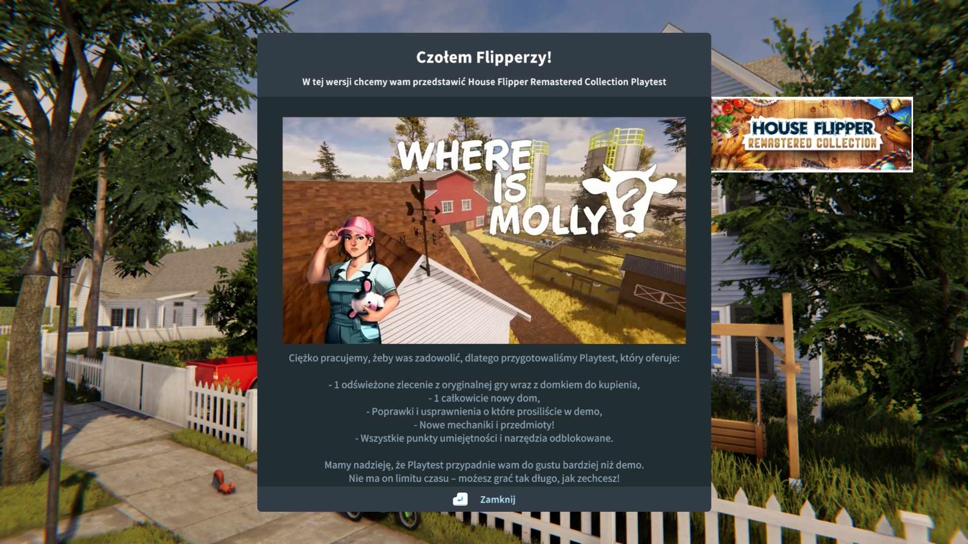Ekran powitalny House Flipper Remastered Collection Playtest wyświetlony na tle osiedla domów jednorodzinnych. Na środku widoczny jest panel z ilustracją farmy i napisem „Where is Molly?”, obok postaci kobiety trzymającej zwierzę. Poniżej znajduje się opis zawartości playtestów, w tym nowe zlecenia, domy i ulepszenia, a w tle widać ogród z drzewami, płotem i huśtawką.