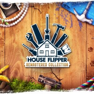 Grafika promocyjna House Flipper Remastered Collection przedstawiająca logo gry z rysunkiem domu otoczonego narzędziami remontowymi, takimi jak młotek, piła i śrubokręt, umieszczone na drewnianym tle. Wokół znajdują się różne przedmioty, m.in. aparat fotograficzny, korale, kawałki jedzenia, sznurek, ślady łap zwierząt oraz projekt narzędzi na niebieskiej planszy, co tworzy kolorową kompozycję nawiązującą do remontowania i dekorowania wnętrz.