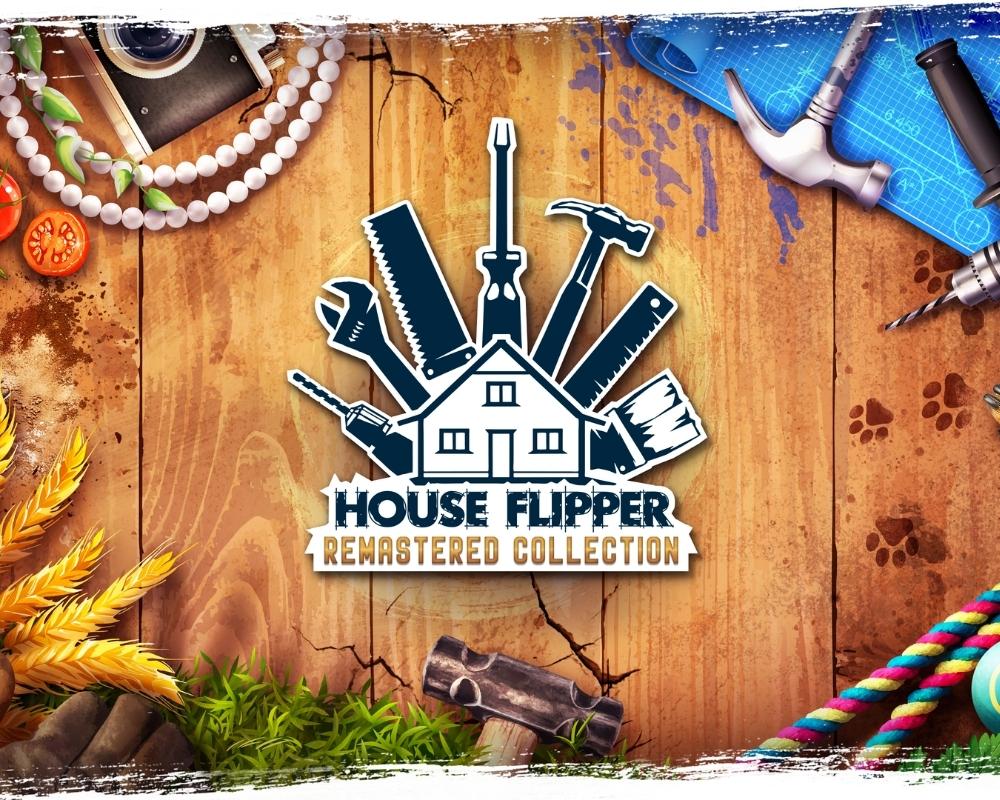 Grafika promocyjna House Flipper Remastered Collection przedstawiająca logo gry z rysunkiem domu otoczonego narzędziami remontowymi, takimi jak młotek, piła i śrubokręt, umieszczone na drewnianym tle. Wokół znajdują się różne przedmioty, m.in. aparat fotograficzny, korale, kawałki jedzenia, sznurek, ślady łap zwierząt oraz projekt narzędzi na niebieskiej planszy, co tworzy kolorową kompozycję nawiązującą do remontowania i dekorowania wnętrz.