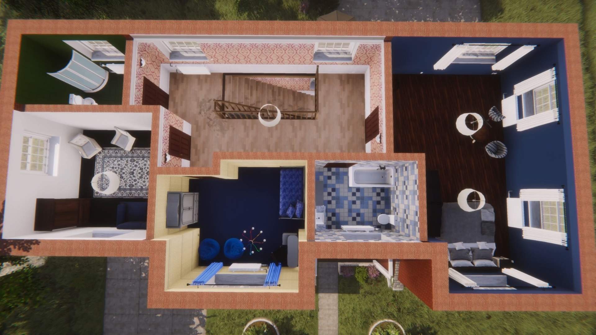 Widok z góry na wnętrze domu w House Flipper Remastered Collection, pokazujący układ pomieszczeń z salonem, sypialnią, łazienką i kuchnią. Widać meble, schody na piętro oraz różne style wykończenia, w tym drewniane podłogi, kafelki w łazience i dekoracje w pokojach, co pozwala ocenić aranżację i rozkład przestrzeni.