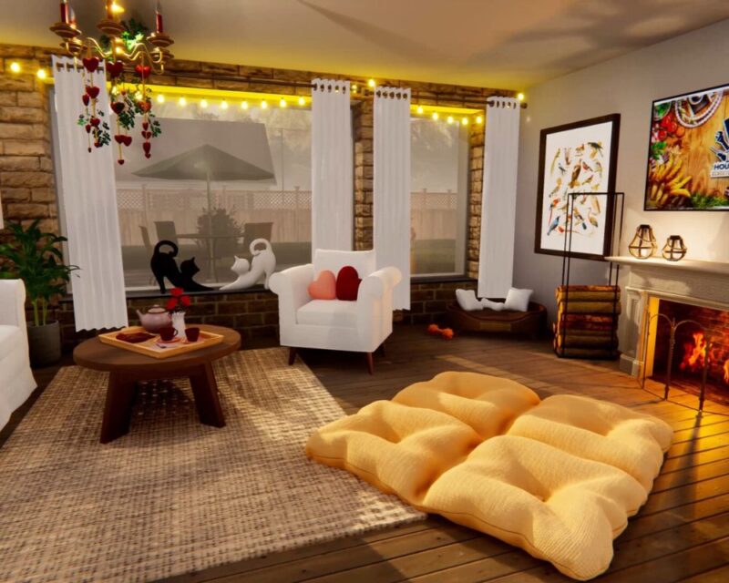 Przytulny salon z kominkiem, białym fotelem i dużymi oknami ozdobionymi lampkami. Na parapecie siedzą dwie figurki kotów, a w pomieszczeniu znajdują się dekoracje w ciepłym, domowym stylu, w tym poduszki w kształcie serc, dywan oraz miękkie legowisko na podłodze.
