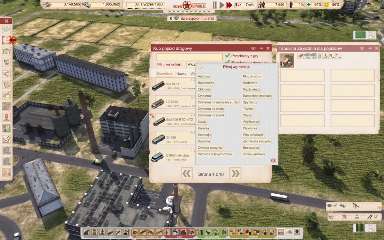 Zrzut ekranu z gry „Workers & Resources: Soviet Republic” przedstawiający menu zakupu pojazdów na tle miasta. Na środku widoczne jest otwarte okno „Kup pojazd drogowy” z listą dostępnych modeli (m.in. autobusy Skoda i Zil) oraz nakładka z menu filtrowania, zawierająca dziesiątki kategorii, takich jak betoniarki, wywrotki czy traktory. W tle widać szare bloki mieszkalne, fabrykę z wysokim kominem oraz puste pola.