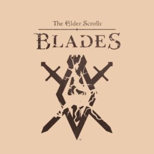 Logotyp The Elder Scrolls: Blades. Grafika z gry mobilnej z serii TES przedstawiająca niszczejący symbol mieczy i napis na tle w kolorze pergaminu. Grafika sugeruje koniec The Elder Scrolls: Blades