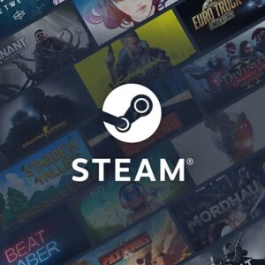 Logo Steam na tle kolażu okładek różnych gier dostępnych na platformie.