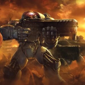 Ilustracja sci-fi przedstawiająca żołnierza Terran Marine (StarCraft) w masywnym pancerzu wspomaganym, celującego z ciężkiego karabinu. Postać stoi na tle apokaliptycznego krajobrazu zrujnowanego miasta. Tło spowite jest gęstymi chmurami dymu i pyłu, skąpanymi w ognistych odcieniach pomarańczu i złota, sugerując trwającą bitwę. Ilustracja sugeruje, że Murray pracuje nad StarCraft