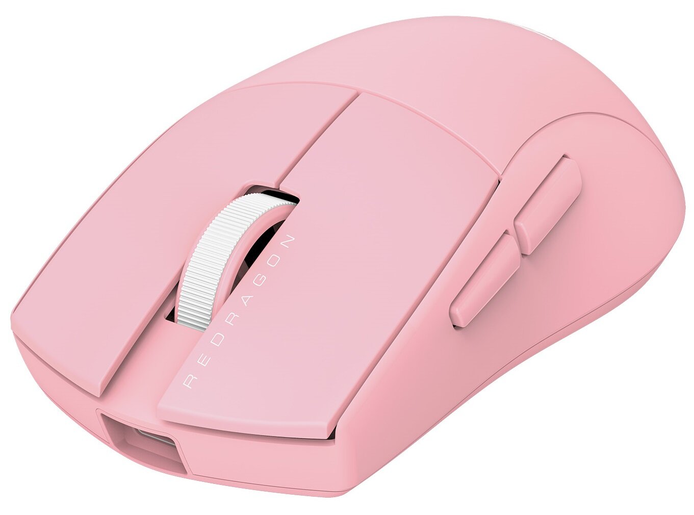 Grafika przedstawia mysz o klasycznej, zaokrąglonej sylwetce w jasnym kolorze „bubblegum pink”. Na lewym przycisku głównym nadrukowano pionowo szary napis „REDRAGON”. Rolka jest biała, gumowana, z delikatnym poziomym żebrowaniem. Z przodu obudowy, centralnie pod przyciskami, znajduje się prostokątny otwór na kabel USB-C. Przyciski boczne są niewielkie, gładkie i mocno wystają poza obrys bocznej ścianki. Mysz sprawia wrażenie lekkiej i solidnej, o bardzo czystej, niemal zabawkowej estetyce bez zbędnych zdobień.