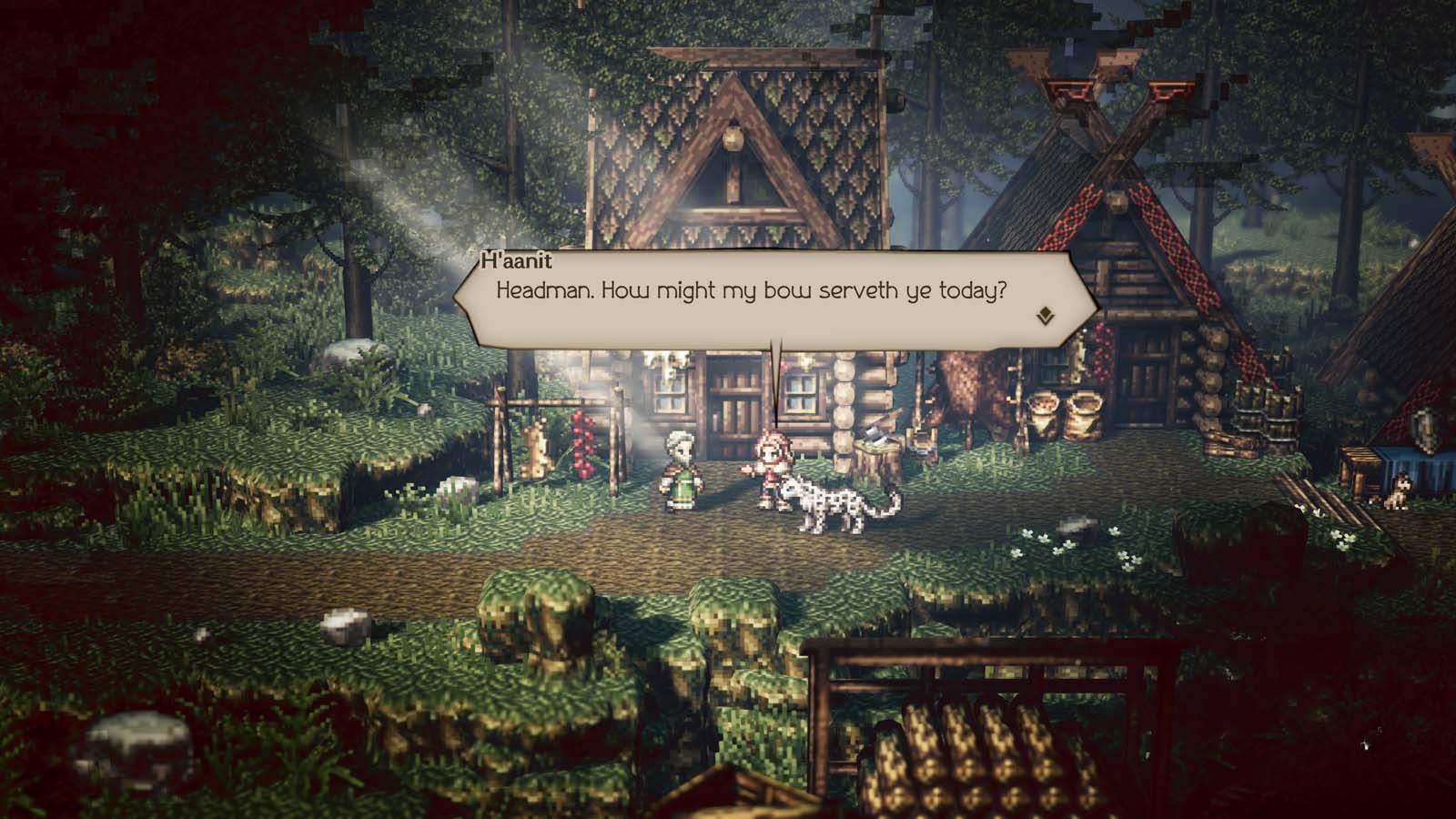 Scena z gry RPG w stylu pixel art przedstawiająca postacie stojące przed drewnianą chatą w leśnej wiosce. Jedna z postaci rozmawia z mieszkańcem o imieniu H’aanit, a nad nimi widoczny jest dymek dialogowy z tekstem w języku angielskim. Obok bohaterki stoi biały, cętkowany zwierzak przypominający dużego kota, a w tle znajdują się drzewa, ogrodzenia i szczegółowo wykonane budynki w klimacie fantasy.