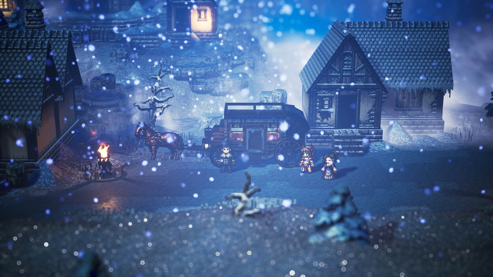 Zrzut ekranu z gry Octopath Traveler ukazuje zimową scenerię w małej wiosce. Na pierwszym planie widać jedną z głównych bohaterek, tancerkę Primrose i jej towarzyszkę stojące obok drewnianego wozu zaprzężonego w konia. Cały kadr wypełniają gęste płatki padającego śniegu, które wraz z ciepłym światłem bijącym z okien domów i ogniska tworzą przytulną, a zarazem mroźną atmosferę. Architektura budynków nawiązuje do stylu nordyckiego, a dachy pokryte grubą warstwą białego puchu podkreślają detale otoczenia fantasy.