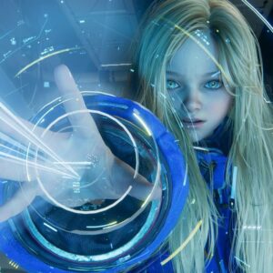Kadr z gry Pragmata. Młoda futurystyczna androidka imieniem Diana w niebieskim skafandrze obsługuje interfejs świetlny w nowoczesnym laboratorium sci-fi. Zdjęcie jest zachowane w barwach błękitu.
