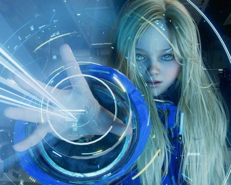 Kadr z gry Pragmata. Młoda futurystyczna androidka imieniem Diana w niebieskim skafandrze obsługuje interfejs świetlny w nowoczesnym laboratorium sci-fi. Zdjęcie jest zachowane w barwach błękitu.