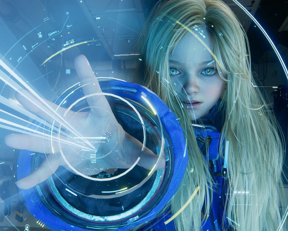 Kadr z gry Pragmata. Młoda futurystyczna androidka imieniem Diana w niebieskim skafandrze obsługuje interfejs świetlny w nowoczesnym laboratorium sci-fi. Zdjęcie jest zachowane w barwach błękitu.