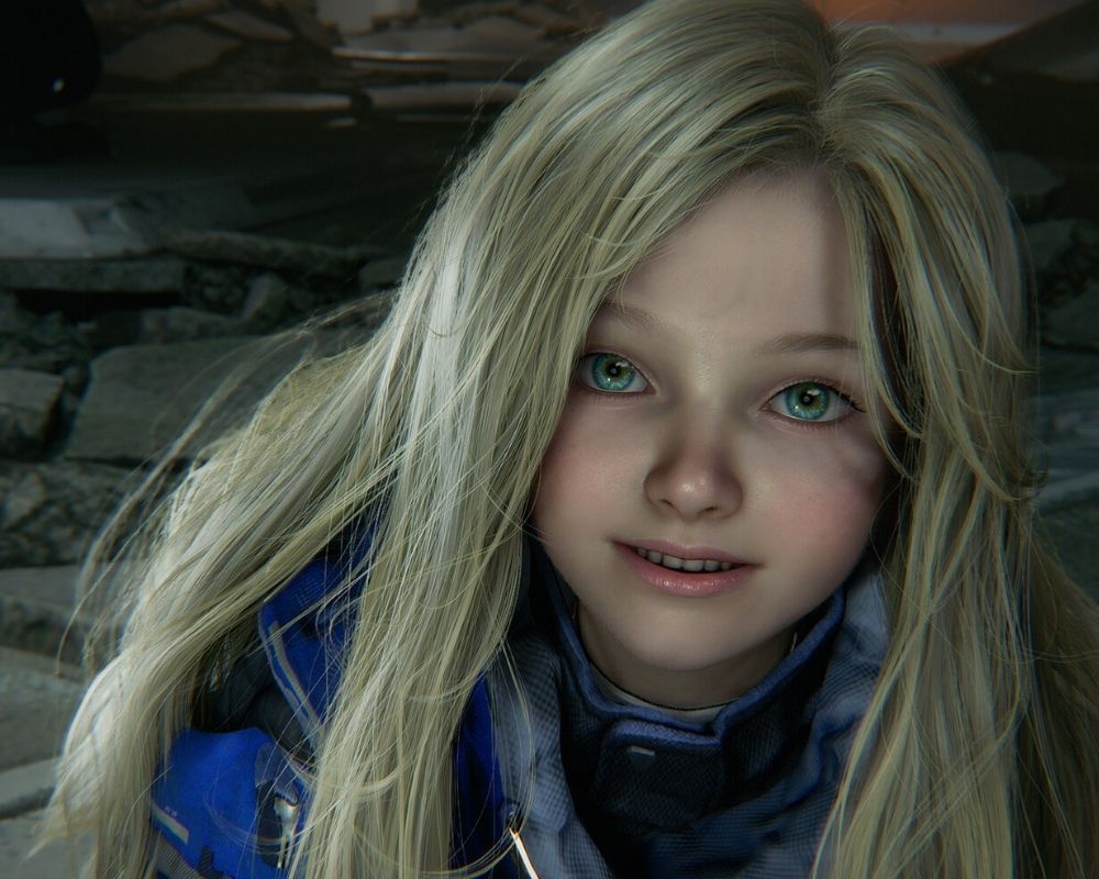 Grafika przedstawia Dianę – androidkę o wyglądzie małej dziewczynki z długimi, jasnymi włosami i zielonymi oczami. Jest ona jedną z głównych bohaterek gry Pragmata. Kadr ukazuje zbliżenie na jej twarz na tle zniszczonego otoczenia.