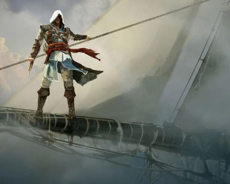 Obrazek przedstawia mężczyznę stojącego na maszcie statku. Ma na sobie białe ubrania z niebieskimi i czerwonymi akcentami. Na głowie ma kaptur, a z rękawów wystają mu ostrza. W tle widzimy jasne żagle, a dół obrazka jest znacznie ciemniejszy.