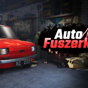 Grafika przedstawia garaż samochodowy z narzędziami. Jest w nim ciemno. Na pierwszym planie widzimy podświetlony czerwony samochód (Fiat 126p). Obok niego widnieje logo gry "Auto Fuszerka".