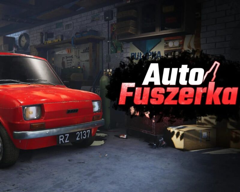 Grafika przedstawia garaż samochodowy z narzędziami. Jest w nim ciemno. Na pierwszym planie widzimy podświetlony czerwony samochód (Fiat 126p). Obok niego widnieje logo gry "Auto Fuszerka".