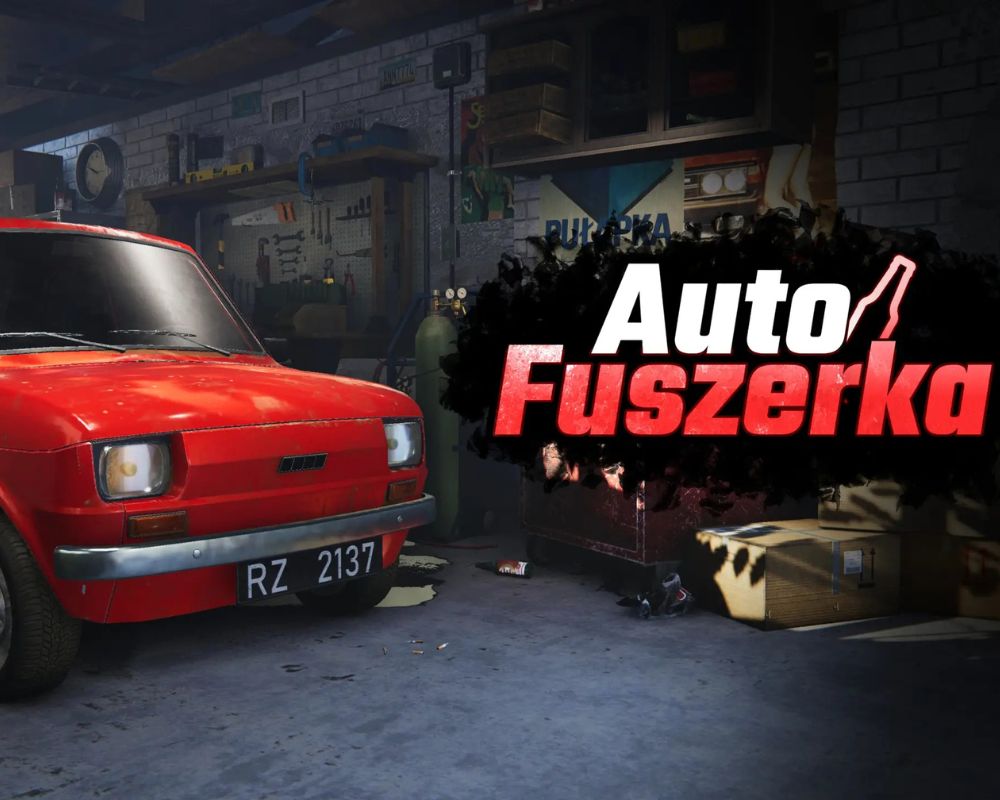 Grafika przedstawia garaż samochodowy z narzędziami. Jest w nim ciemno. Na pierwszym planie widzimy podświetlony czerwony samochód (Fiat 126p). Obok niego widnieje logo gry "Auto Fuszerka".