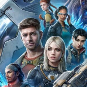 Zdjęcie promujące grę The Expanse: Osiris Reborn zachowane w klimacie science fiction. Przedstawia grupę bohaterów w kosmicznych skafandrach na tle niebieskich kryształów i obcej osoby. Na pierwszym planie znajduje się uzbrojona kobieta, a tuż za nią trzech mężczyzn i dwie inne kobiety.