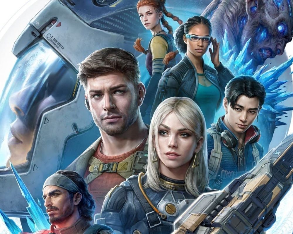 Zdjęcie promujące grę The Expanse: Osiris Reborn zachowane w klimacie science fiction. Przedstawia grupę bohaterów w kosmicznych skafandrach na tle niebieskich kryształów i obcej osoby. Na pierwszym planie znajduje się uzbrojona kobieta, a tuż za nią trzech mężczyzn i dwie inne kobiety.