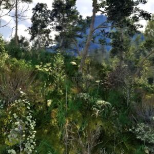 Zrzut ekranu z dema technologicznego dotyczącego technologii Path Tracing i Mega Geometry w Wiedźminie 4. Prezentuje mocno uszczegółowiony las z mnóstwem roślinnych detali. Gęsta, zielona roślinność porastająca zbocze w naturalnym, dzikim krajobrazie. Na pierwszym planie widoczne są różnorodne krzewy, trawy i młode drzewa o zróżnicowanych kształtach liści, a w tle wyrastają wyższe drzewa oraz zarys górskiego szczytu częściowo spowitego lekką mgłą. Scena utrzymana jest w realistycznym stylu i przedstawia bujną przyrodę w słoneczny dzień.