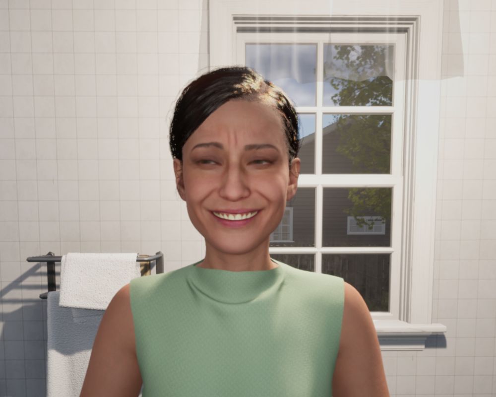 Zrzut ekranu z dema gry Woman Simulator przedstawiający postać kobiecą w jasnozielonej bluzce, która uśmiecha się w specyficzny sposób, stojąc w jasnej łazience na tle białych kafli i okna.