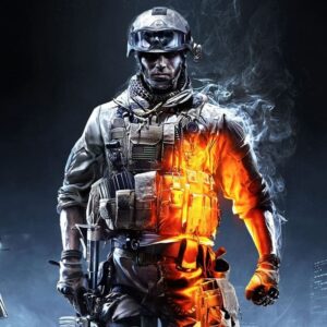 obraz przedstawia postać żołnierza, który stanowi centralny punkt kompozycji, nawiązując do stylistyki znanej z serii gier wideo Battlefield. Mężczyzna jest w pełnym rynsztunku bojowym, mając na sobie hełm z goglami, kamizelkę taktyczną z licznymi ładownicami oraz chustę typu arafatka wokół szyi. Najbardziej charakterystycznym elementem grafiki jest dynamiczny kontrast świetlny: prawa strona postaci płonie intensywnym, pomarańczowym blaskiem ognia i iskier, podczas gdy lewa strona oraz tło utrzymane są w chłodnej, mrocznej, niebiesko-czarnej tonacji. Wokół żołnierza unoszą się kłęby gęstego dymu, a w oddali majaczą zarysy miejskiej zabudowy oraz śmigłowca, co podkreśla atmosferę intensywnego konfliktu zbrojnego i wysokiego napięcia