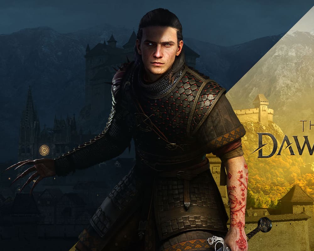 Na obrazku widzimy mroczną, fantastyczną postać młodego mężczyzny, który zdaje się przechodzić przerażającą transformację. Stoi on na pierwszym planie, ubrany w misternie wykonaną, ciemną zbroję płytową połączoną z kolczugą, co sugeruje jego rycerskie lub wojownicze pochodzenie. Jego sylwetka jest skąpana w dwoistym świetle, które dzieli kompozycję na dwie kontrastujące strefy. Lewa strona postaci zanurzona jest w chłodnym, nocnym mroku, gdzie w tle majaczy potężne, gotyckie zamczysko pod zachmurzonym niebem. W tej mrocznej połowie jego dłoń zmieniła się w nienaturalnie długie, ostre szpony, a jedno z oczu świeci białym, upiornym blaskiem.