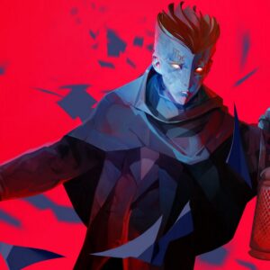 Ilustracja przedstawiająca postać, której głowa jest w kształcie lekko otwartej książki. Jej oczy świecą jasnym światłem, a na twarzy widoczne są drobne napisy lub symbole. Ubrana jest w ciemny płaszcz, której fragmenty zdają się unosić w powietrzu. W jednej ręce trzyma metalowy przedmiot przywołujący na myśl starą latarenkę. Tło jest intensywnie czerwone, z geometrycznymi, rozbitymi kształtami, co nadaje scenie dramatyczny, niepokojący klimat.