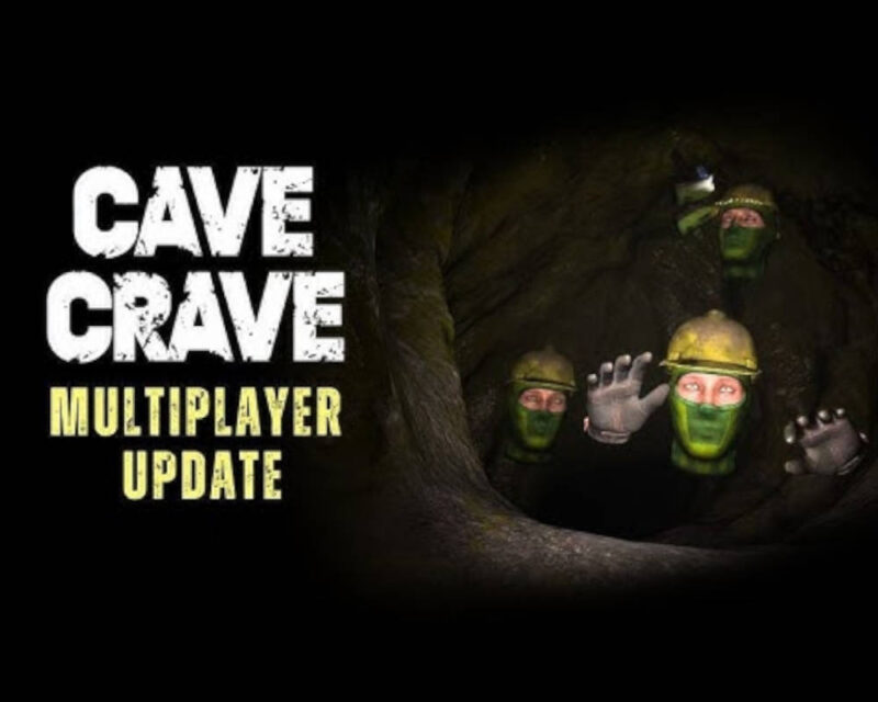 Treść wiadomości Gemini Obrazek przedstawia grafikę promocyjną gry o nazwie „Cave Crave”, zapowiadającą aktualizację wieloosobową (Multiplayer Update). Po lewej stronie widnieje duży, biały, lekko poszarpany napis z tytułem produkcji, pod którym umieszczono mniejszy, żółty tekst informujący o nowym trybie. Prawa strona grafiki ukazuje ciemne, ciasne wnętrze jaskini o skalistych ścianach, w którym znajdują się postacie przypominające górników lub grotołazów. Postacie te mają na głowach charakterystyczne żółte hełmy, a ich twarze są częściowo przesłonięte zielonymi maskami lub kominiarkami; widać jedynie ich oczy i dłonie w rękawicach uniesione w geście powitania lub sygnalizacji. Całość utrzymana jest w mrocznym, tajemniczym klimacie, sugerującym rozgrywkę opartą na eksploracji podziemi w grupie znajomych.