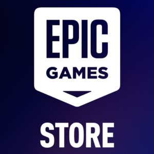 Logo Epic Games Store na niebieskim tle.