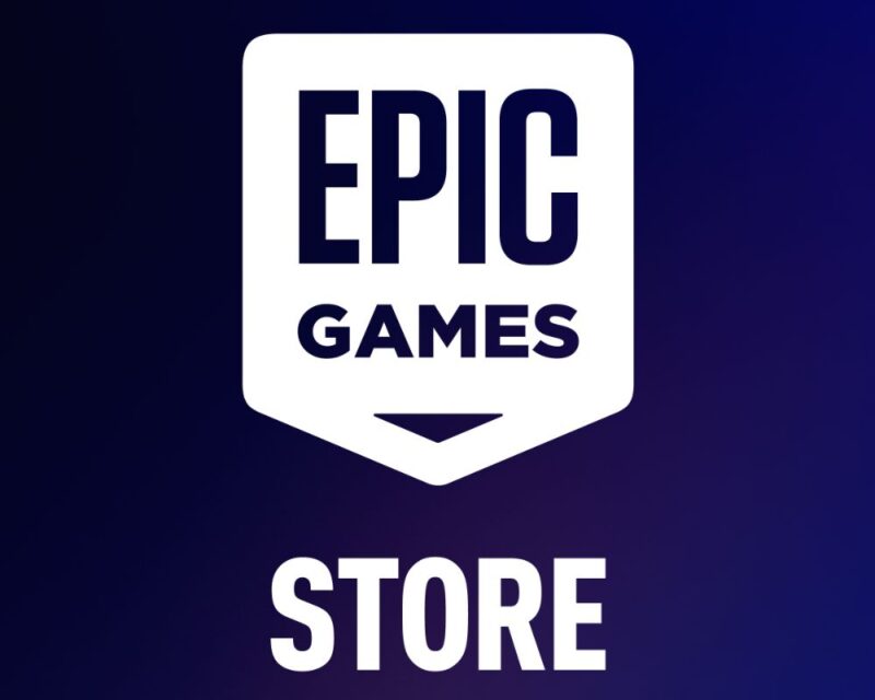 Logo Epic Games Store na niebieskim tle.