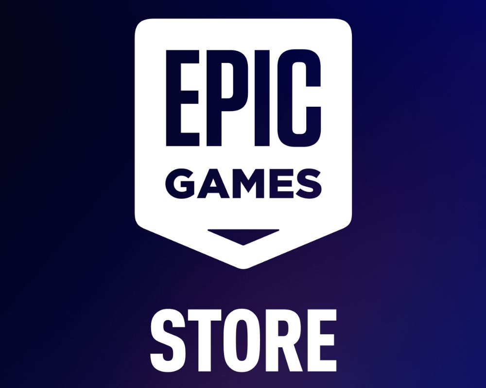 Logo Epic Games Store na niebieskim tle.