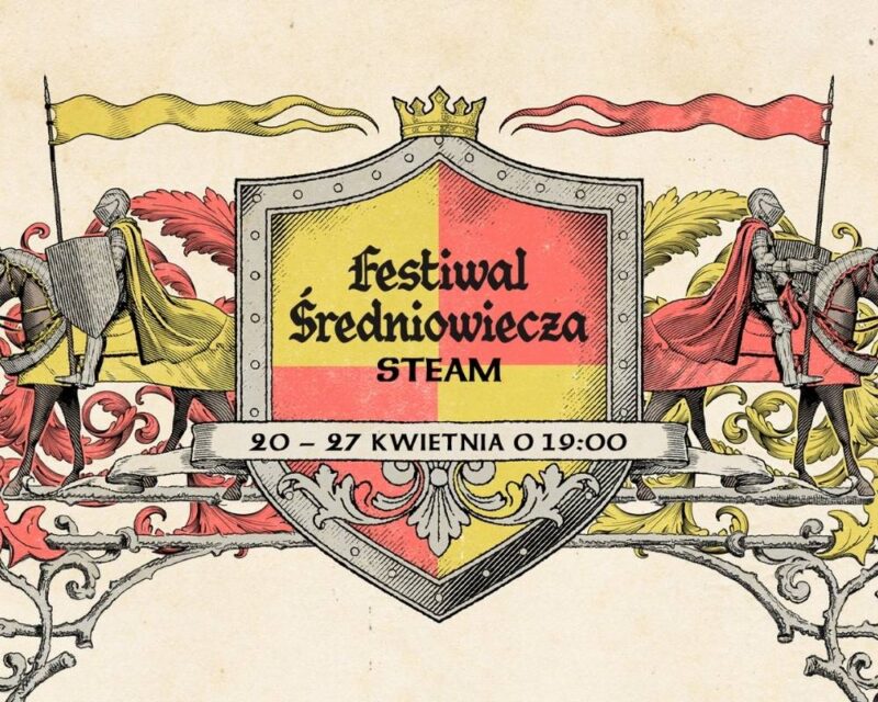 Grafika promująca wydarzenie „Festiwal Średniowiecza” na platformie Steam. Na środku widoczna jest heraldyczna tarcza w kolorach czerwonym i żółtym z koroną na szczycie oraz stylizowanym napisem informującym o festiwalu. Po bokach znajdują się rycerze w zbrojach siedzący na koniach, otoczeni średniowiecznymi ornamentami i flagami. Na dole grafiki widnieje data wydarzenia: od 20 do 27 kwietnia o godzinie 19:00.