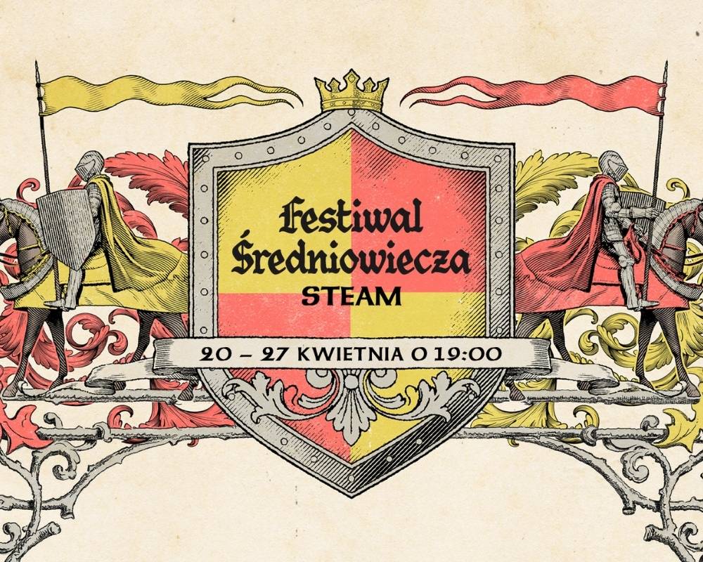 Grafika promująca wydarzenie „Festiwal Średniowiecza” na platformie Steam. Na środku widoczna jest heraldyczna tarcza w kolorach czerwonym i żółtym z koroną na szczycie oraz stylizowanym napisem informującym o festiwalu. Po bokach znajdują się rycerze w zbrojach siedzący na koniach, otoczeni średniowiecznymi ornamentami i flagami. Na dole grafiki widnieje data wydarzenia: od 20 do 27 kwietnia o godzinie 19:00.