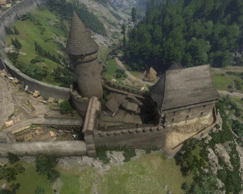 Na obrazku widać wzgórze na którym znajduje się średniowieczny zamek inspirowany zamkiem Pirkstejn. Ma wieżę ze szpiczastym dachem, a w pobliżu znajduje się gruby, długi, kamienny mur. W okolicy zamku widnieje gęsty las. Na zboczach wzgórza leżą kamienie.