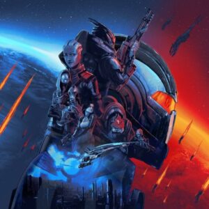 Grafika przedstawia głównych bohaterów serii Mass Effect na tle kosmicznej scenerii, z planetą, statkami oraz nadciągającą flotą Reaperów. Całość utrzymana jest w kontrastujących barwach – chłodnych odcieniach niebieskiego i ciepłych czerwieniach