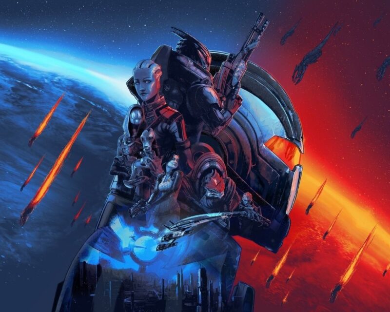 Grafika przedstawia głównych bohaterów serii Mass Effect na tle kosmicznej scenerii, z planetą, statkami oraz nadciągającą flotą Reaperów. Całość utrzymana jest w kontrastujących barwach – chłodnych odcieniach niebieskiego i ciepłych czerwieniach