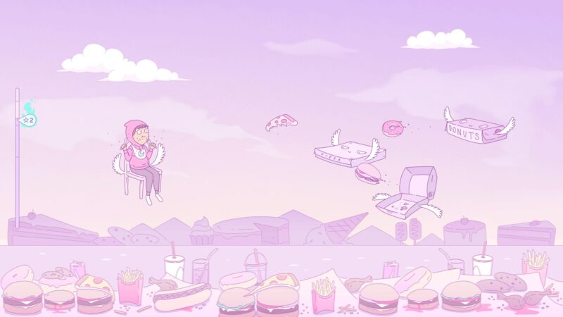 Bohater w kreskówkowym stylu siedzi na krześle ze skrzydłami unoszącym sie w powietrzu. Dookoła znajduje się duża ilość jedzenia, naprzeciwko bohatera unosi się uskrzydlone opakowanie pizzy.